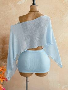 Soleia Bộ đồ gồm áo voan mỏng đính sequin vàng, kiểu dáng lệch vai, kết hợp với chân váy hoa xếp ly eo, thích hợp cho kỳ nghỉ, lễ hội âm nhạc, phong cách Bohemian. - Màu xanh lam - Xem 2
