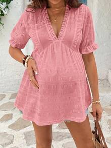 SHEIN Maternity Solid Color Ruffle V-Neck Short Sleeve Casual Shirt - Pink - View 8