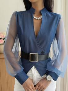 Livesso Áo denim nữ thời trang tay lưới - trắng - Xem 5