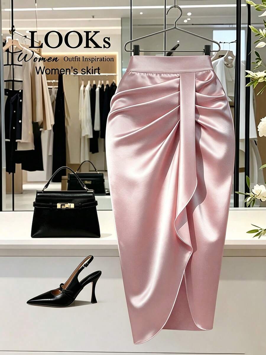 GlowEve CURVE Plus Size Solid Color Pleated Wrap Slim Fit Skirt, Spring/Summer - Pink - View 1