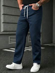 SLATEMANN Men's Drawstring Pants,Navy Blue,Autumn,Street Wear,City Break,Y2K Style Black Trousers,Comfortable Versatile Wardrobe Essential For Casual Outings - Navy Blue - View 5