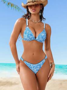 Swim Vcay Conjunto de bikini de tirantes finos con estampado floral y decoración circular - Multicolor - Ver 3
