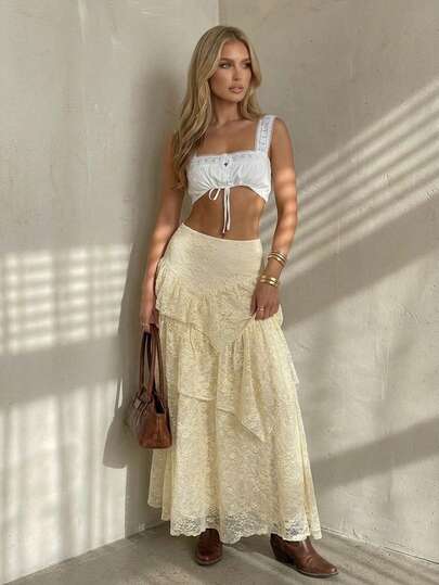SHEIN Glamour Gonna lunga bohémien bianca a balze - Gonna lunga asimmetrica in pizzo con orlo alto-basso per donna, gonna leggera da spiaggia per l'estate, gonna bohémien fatta a mano all'uncinetto, gonna da festival e vacanza