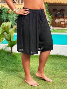 Swim Lushoire Plus Size Solid Color Elastic Waist Drawstring Pocket Casual Cover Up - Multicolor - View 5