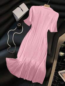 Franclia Women's Blush Pink,Autumn,Elegant,Formal,Wedding Polo Collar Short Sleeve Floral Button Ribbed Slim Fit French Retro Commute Plus Size Sweater Dress - Pink - View 2