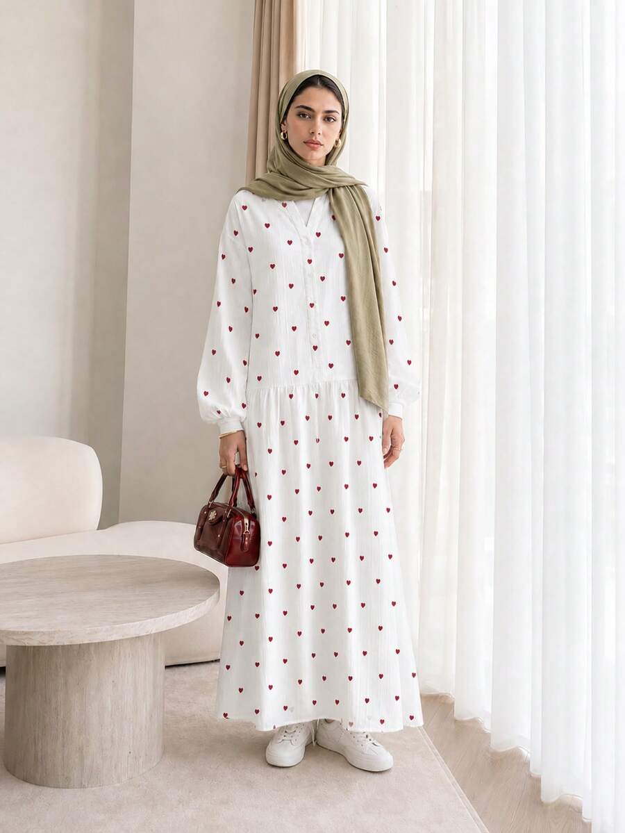 Solavon Women's Casual Vacation & Commute Full-Print Heart Pattern Lantern Sleeve Loose Long Dress, Spring/Autumn - Multicolor - View 1