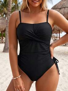 SHEIN Swim Plus Size Women Solid Color One-Piece Spaghetti Strap Criss-Cross Front Drawstring Waist Beach Swimsuit - Black - View 4