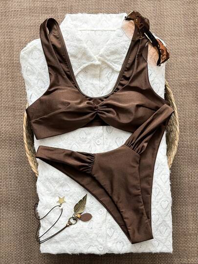 Swim Chiccia 女款素色抓皺加厚肩帶高領優雅坦基尼泳衣套裝