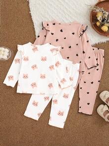 SHEIN 2pcs/Set Baby Girls' Spring/Autumn Outfits, Pink Kitty Cartoon All-Over Print Round Neck Long Sleeve With Ruffle Shoulder Design Paired With Pants, Heart Print Round Neck Long Sleeve With Ruffle Shoulder Design Paired With Pants, 4pcs Set, Comfortable & Cute Casual Wear - Multicolor - View 2