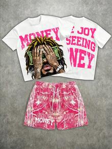 Manfinity ZONE917 Set Kaos Lengan Pendek Pria Kasual Fashion Street dengan Cetakan Huruf Personal dan Celana Pendek Pinggang Serut Samping Bergaris Kontras, Musim Panas, Liburan - Hot Pink - View 8