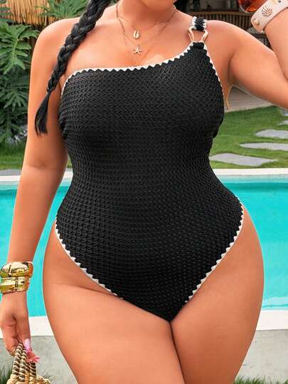 Swim Vcay Traje de baño de una pieza talla grande, con tela especial y adorno floral, serie minimalista de resort europeo y americano