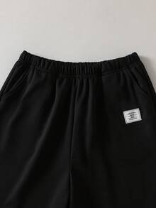 Vacaura 青少年男孩休闲撞色连帽衫短裤套装，适合日常穿着、通勤和运动。 - 黑色 - 查看 5
