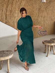 Firerie Plus Size Women's Elegant Dark Green Autumn Wedding Guest Dress,Delicate Sheer Mesh 2 In 1 Charming Extra Long Maxi Party Dress - Green - View 7