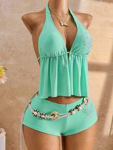 26SS Spring/Summer Vacation Beach Rhinestone Butterfly Pattern Halter Tankini Set - Mint Green - View 3