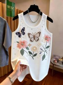 GlowEve 女士休闲仿刺绣印花宽松T恤，仿珍珠花朵装饰无袖背心，中长款，春夏款 - 白色 - 查看 5