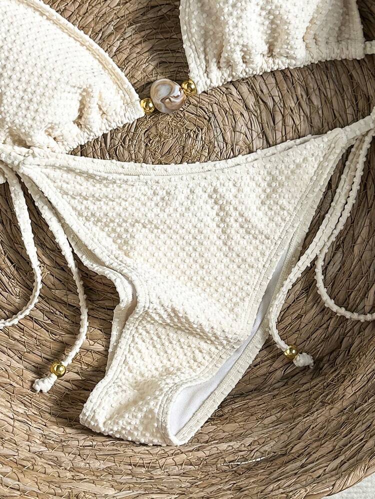 Swim Vcay Bộ bikini gợi cảm dành cho nữ, thích hợp cho kỳ nghỉ hè ở bãi biển, chất liệu vải có họa tiết, đính hạt cườm, kiểu buộc dây cổ. - Màu be - Xem 4
