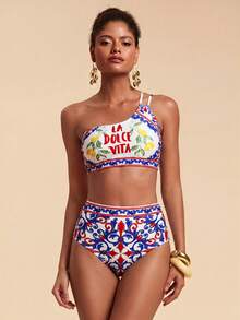 Travachic Conjunto de bikini de mujer con estampado de limón y escote halter, para vacaciones - Multicolor - Ver 3