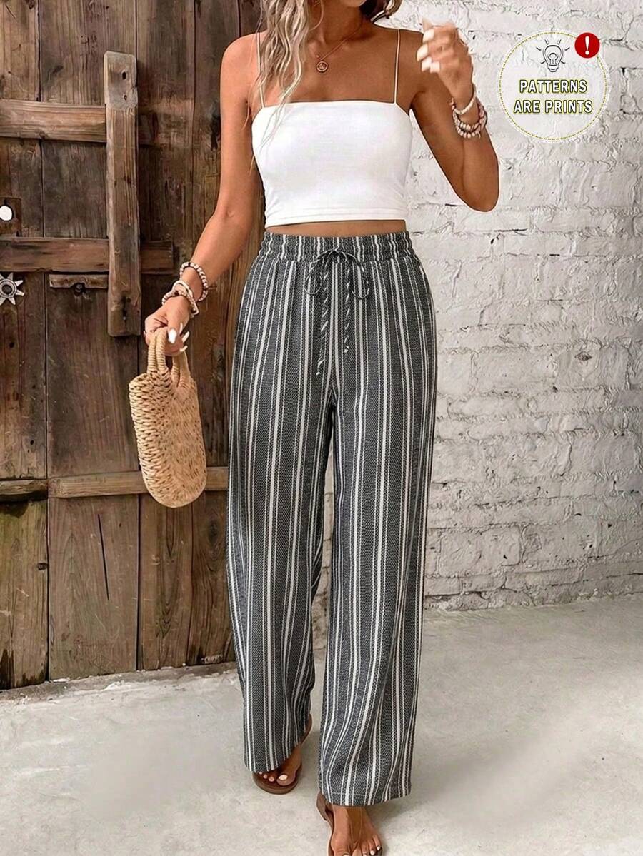 SHEIN Frenchy Casual Boho Minimalist Black Base White Stripe All-Over Print Pattern Women's Pants Suitable For Autumn Vacation Beach - Multicolor - View 1