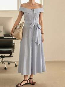 DAZY Vestido Azul Listrado Sem Alças com Laço, Sem Mangas, Adequado para Vestidos de Verão Primavera e Verão para Mulheres - Azul - Visão 2