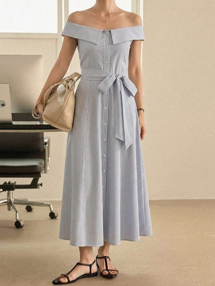 Women's Blue Striped Strapless Bow Tie Sleeveless Dress, Suitable For Spring And Summer Sun Dresses For Women