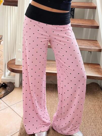 SHEIN EZwear Women's Pink Polka Dot Contrast Waistband Pants