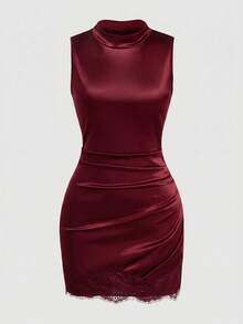 Vestido de mujer de satén con cuello alto sin mangas, cintura plisada, forma asimétrica y sexy, con adorno de encaje. Vestido de satén para mujer, vestido de verano para mujer, vesti - Burdeos - Ver 3