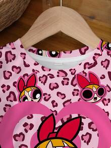 THE POWERPUFF GIRLS X SHEIN T-shirt med rund hals och kort ärm för tweenflickor, tecknad film och hjärtmönster - Vitt - Visa 3