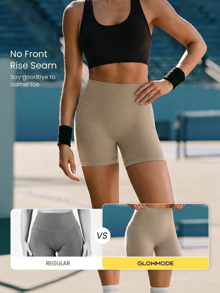 GLOWMODE Quần biker 4.3" CoreHold FeatherFit™-Sculpt Pavement Pusher không đường may trước, hỗ trợ corset, kiểm soát bụng, có túi bên, dải chống trượt, mức độ tác động trung bình, dùng chạy bộ, chạy jogging, tập luyện, gym, workout - Màu Khaki - Xem 7