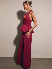 COSMINA Women's Solid Color Ruffle Hem Halter Top And Pants Fashion Set Bar Party Night Burgundy Summer Elegant - Red - View 3