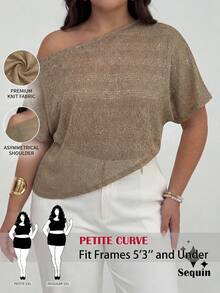 SHEIN PETITE CURVE 大码卡其色不对称露肩上衣，适合婚礼宾客、新娘、新娘母亲、婚礼派对、正式场合、特殊活动、海滩度假等场合，街头亮片露肩上衣，优雅、时尚、端庄 - 卡其色 - 查看 1