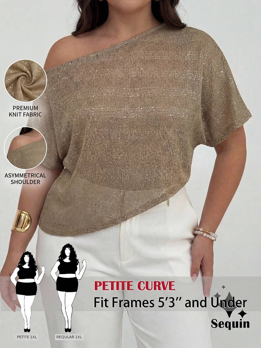 SHEIN PETITE CURVE 大码卡其色不对称露肩上衣,适合婚礼宾客、新娘、新娘母亲、婚礼派对、正式场合、特殊活动、海滩度假等场合,街头亮片露肩上衣,优雅、时尚、端庄 - 卡其色 - 查看 1
