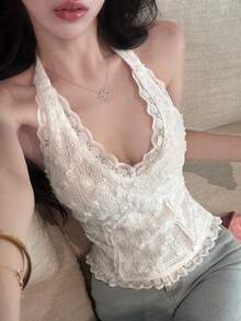 DAZY 優雅V領無袖花卉細肩帶上衣，適合春夏約會、約會之夜、夜店，奶油白色外出上衣 - 白色 - 查看 7