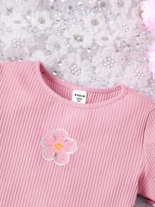 Tween Girl Basic Casual Spring/Summer Knit Round Neck Fitted Butterfly Applique Dress - Pink - View 3