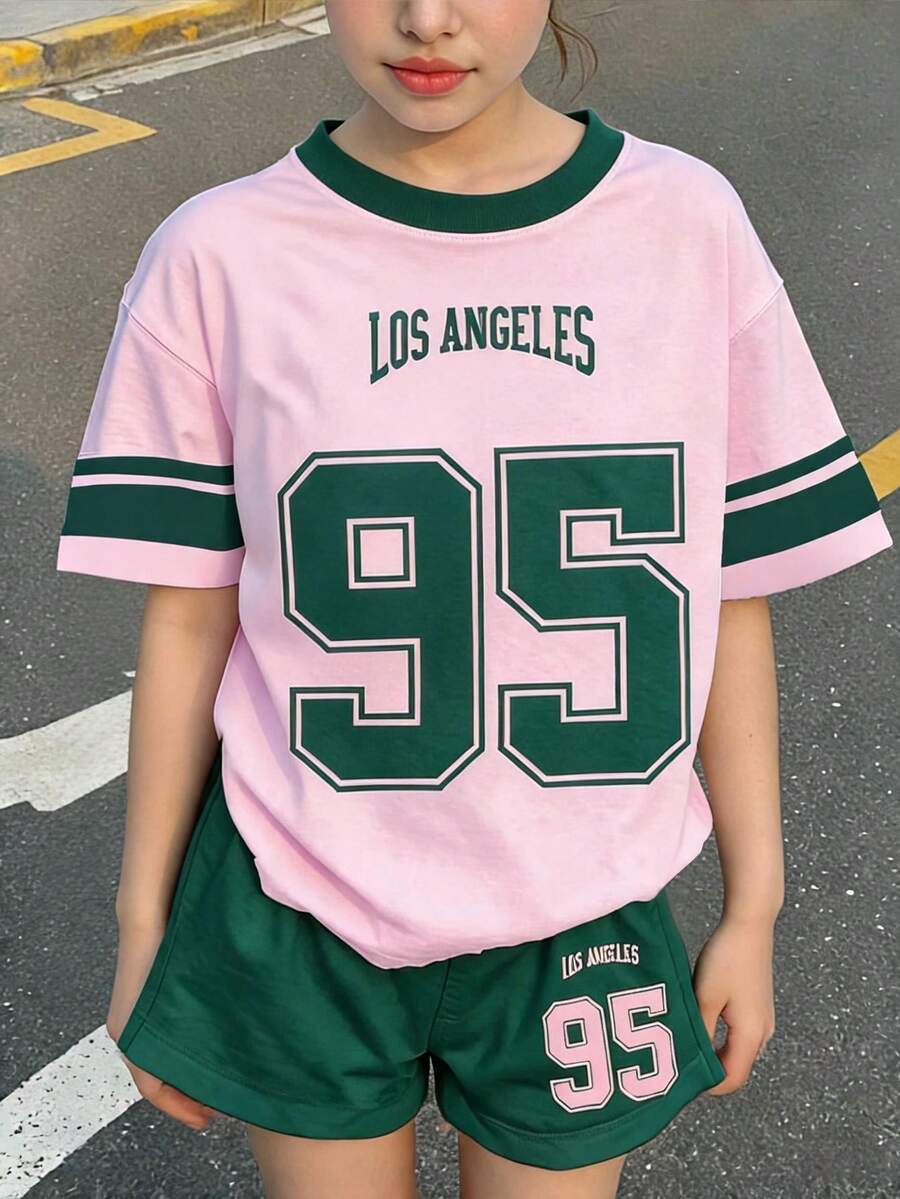 两件套少女休闲绿粉撞色印花95号短袖圆领T恤短裤套装,适合夏季和秋季穿着,舒适百搭,适合秋季叠穿,时尚童装,休闲服饰,儿童印花服装,返校季、秋季服装、返校节、户外野餐、街头风、校园风。 - 彩色 - 查看 1