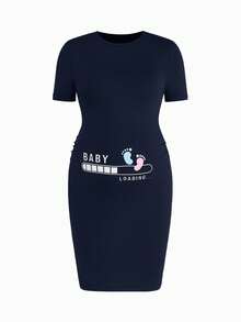Modmama Vestido de verano de maternidad con cuello redondo y manga corta con estampado lindo - Azul Marino - Ver 5