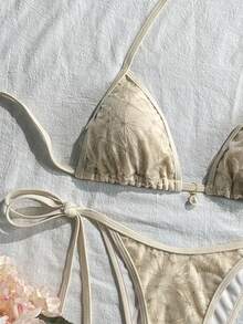Costavie Swim Bonvoyette 兩件式泳裝，春夏季海灘度假，亮片紋理面料，珍珠裝飾，掛脖三角上衣與側綁下裝性感比基尼套裝 - 杏色 - 查看 4
