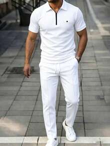 Manfinity Homme Men's Casual Turndown Collar Short Sleeve Polo Shirt And Pants, Summer Commuting Outfit - White - View 1