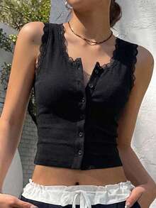 Dazy Star Lace Trim Button Front Tank Top Going Out Tops - Black - View 10