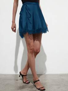 Aveloria Modichic Women's New Low-Waist Satin Solid Color Lace Patchwork Wrap Skirt Tea Party Date Night Teal Blue Autumn Elegant Sexy - Blue - View 4