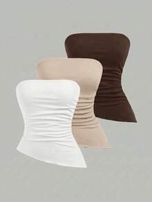 Girlism Bộ 3 áo hai dây croptop dệt kim màu đen, trắng và xanh dương dành cho nữ tuổi teen, có phần eo nhún và vạt áo bất đối xứng, kiểu dáng thể thao đường phố đa năng, dễ phối đồ. - màu nâu - Xem 1