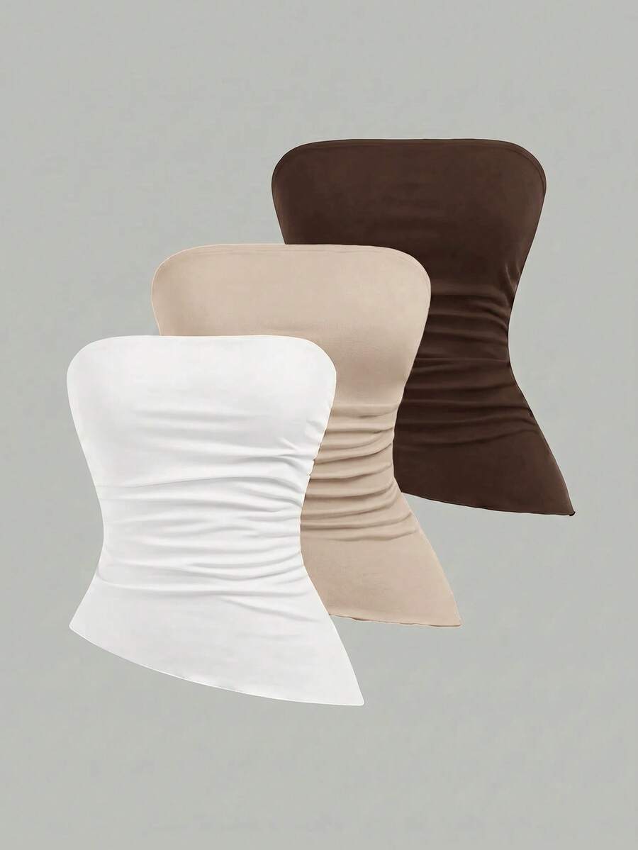 Girlism Bộ 3 áo hai dây croptop dệt kim màu đen, trắng và xanh dương dành cho nữ tuổi teen, có phần eo nhún và vạt áo bất đối xứng, kiểu dáng thể thao đường phố đa năng, dễ phối đồ. - màu nâu - Xem 1