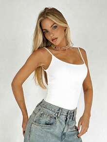 SHEIN BAE Áo tank top hở lưng chéo gợi cảm, không có đệm ngực, kiểu dáng retro thanh lịch, đa năng, thích hợp đi làm, đi biển, đi nghỉ mát, trang phục mùa hè cho nữ. - trắng - Xem 4