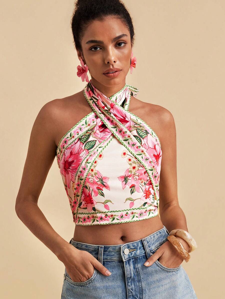 Travachic Women's Floral Print Halter Tie Casual Versatile Daily Wear Top - Multicolor - View 1