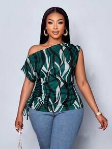 SOLERSUN Blusa asimétrica de hombro con cordón y fruncido lateral con estampado geométrico, talla grande para mujer, estampado aleatorio, blusa de un solo hombro - Multicolor - Ver 5