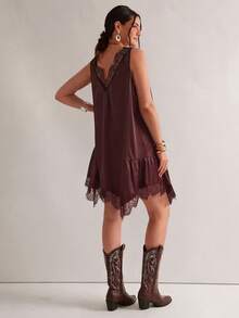Freevana Vestido de talla grande de unicolor con parches de encaje - Burdeos - Ver 3
