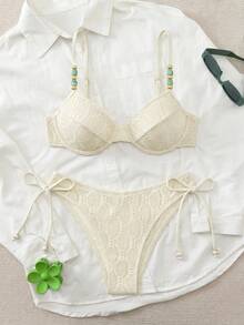 Swim Chiccia 26SS Spring/Summer Beach Vacation Texture Fabric Green Underwire Push-Up 2 Pieces Swimwear - Apricot - View 7