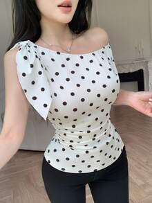 Celisse Blusa casual con hombros descubiertos, fruncida en los laterales y con estampado de lunares para mujeres - Multicolor - Ver 4
