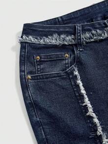 ROMWE Women's Pocketed Button Fly Casual Y2k Flare Jeans, Versatile For Daily Wear Holiday Evening Night Out Navy Blue Summer - Blue - View 3