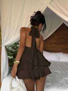Vestido mini elegante de mujer de color amarillo claro con cuello halter y lazo, adecuado para citas y vacaciones - Cafetería - Ver 8