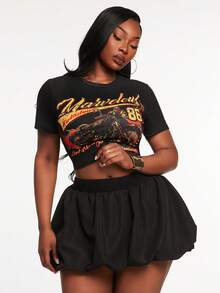 Radiana Plus Size Women's Cherry Pattern Round Neck Slim Fit Tee&Bubble Elastic Waist Mini Skirt,Black,Summer,Casual,Bussines,Night Out Club Western Wear - Black - View 5